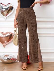 SHEIN Clasi Women's Fashion Party Plaid Patchwork Wide Leg Pants Pants With Slit Formal Wide Leg Pants Brown Plaid Pants Plaid Wide Leg Pants