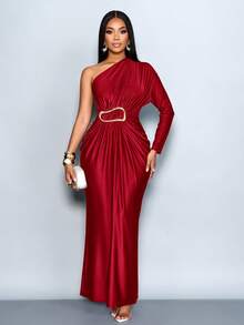 SOLERSUN 女士咖啡色不对称领口长袖金属装饰修身连衣裙，适合度假、浪漫婚礼、毕业典礼、舞会、节日、秋季穿着，也适合圣诞节派对、度假和情人节约会。 - 酒紅色 - 查看 3