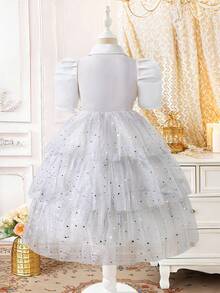 SHEIN 夏季新款时尚优雅女童连衣裙，高端拼接网纱泡泡裙，甜美时尚公主裙，适合派对、聚会、通勤等场合。 - 白色 - 查看 2