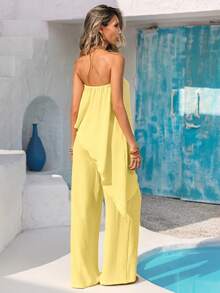 Vivid Eden 2pcs Women Casual Strapless Asymmetrical Hem Top And Loose Wide Leg Pants Set, Textured Fabric, Spring/Summer Vacation - Yellow - View 2