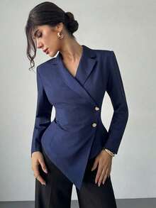 Firerie 女士纯色缺角领单排扣不对称下摆优雅职业长袖西装外套 - 藏蓝色 - 查看 9