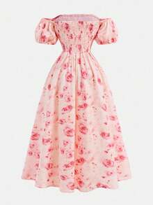 Girlism 少女休闲夏季单肩泡泡袖钩编花卉褶皱大A字下摆露肩长连衣裙，女童连衣裙，优雅，度假风，少女连衣裙，可爱 - 藕粉色 - 查看 2