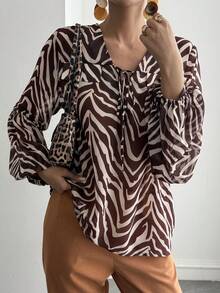 Livesso Spring & Summer Loose Business Casual Chiffon Blouse, Leopard Print Color Block Striped Tie Design, Fashionable Office Wear For Women - Brown - View 4