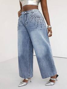 Slaydiva Jeans de pierna ancha de talla grande con lavado casual y decoración de remaches para primavera/verano - Azul - Ver 3
