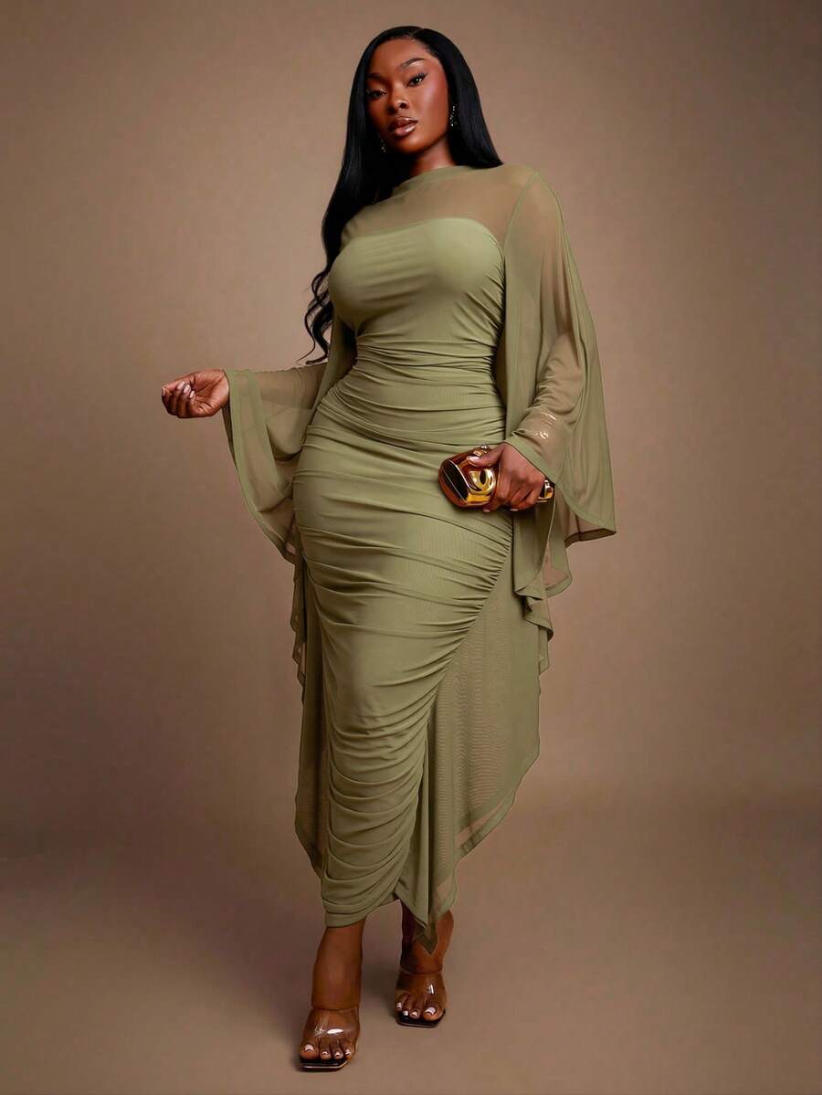 Radiana 大码女装秋冬优雅华丽性感基础款网纱褶皱修身女神裙，适合宴会、盛宴、晚宴、舞会、舞会等场合，凸显身材，修饰身形，展现迷人曲线。 - 軍綠色 - 查看 1