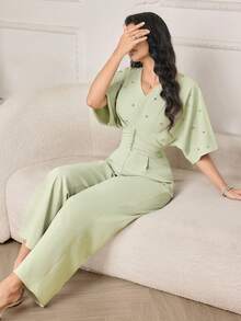 Modelyn Bộ áo liền quần đính đá lấp lánh thời trang mới dành cho nữ - Màu xanh Bạc hà - Xem 4