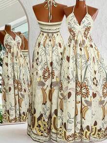 Lalippa Đầm nghỉ mát in hình cây cọ dành cho nữ, cổ yếm. - Vàng nhạt - Xem 2