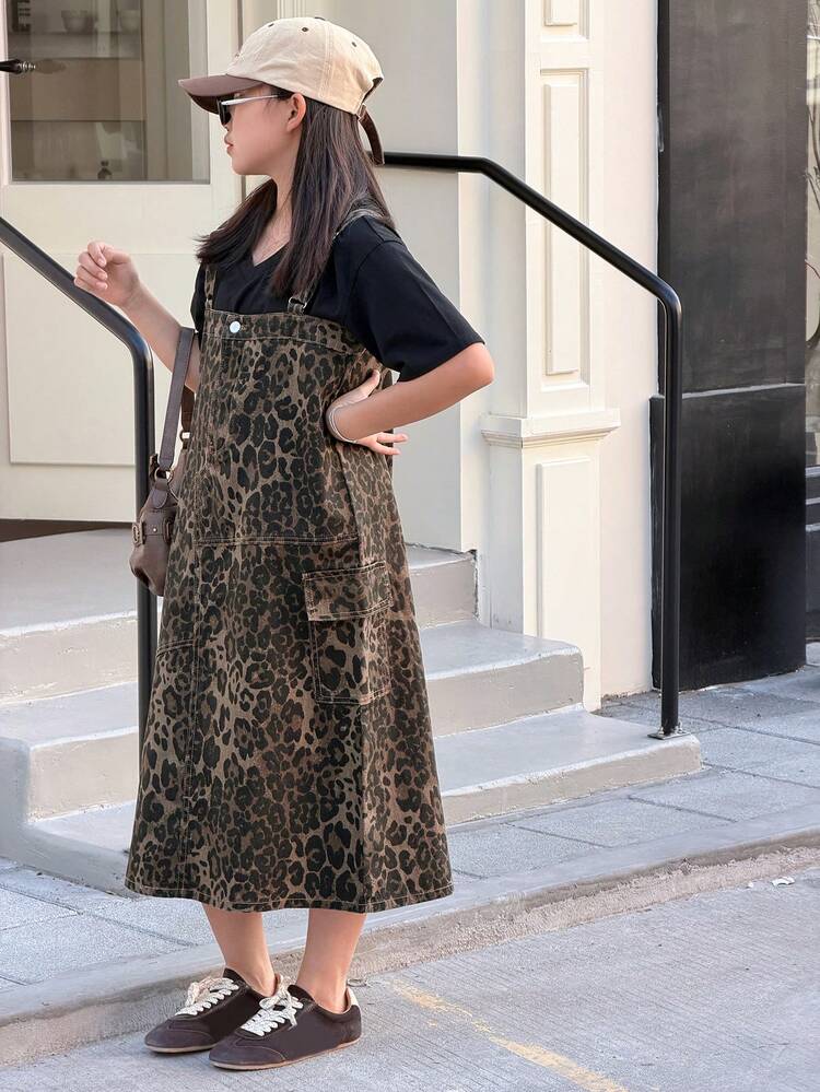 Girls Leopard Print Denim Jumper Dress