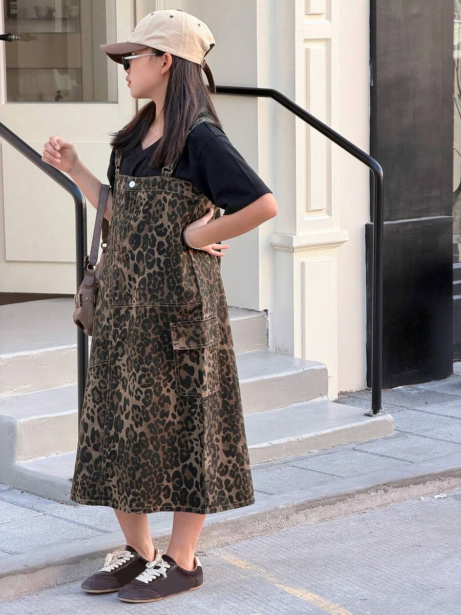 DAZY Girls Leopard Print Denim Jumper Dress - Brown - View 1