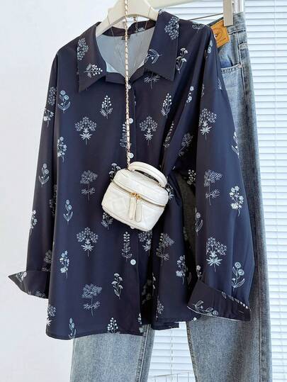 GlowEve CURVE Plus Size Floral Print Shirt, Suitable For Spring, Summer, Autumn Navy Blue Blouse Long Sleeve Oversized Blouse Casual Button Down Shirt Women's Silk Top