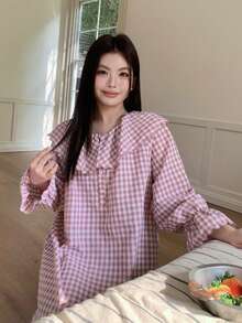 Dazy Plus Casual Ruffled Collar Loose Flare Sleeve Long Plaid Nightgown, Pink Sleepwear For Girls - Pink - View 8