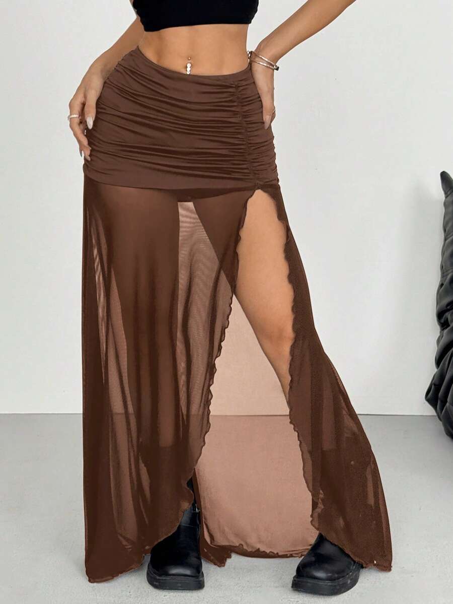 SHEIN EZwear 女士时尚性感咖啡棕色网纱拼接高开衩裙 - 咖啡棕 - 查看 1