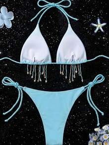Swim Mod Women's Beaded Starfish Tassel Crochet Bikini Set, Sweet Minimalist Elegant Style, 26ss New Beach Party Holiday Swimwear - Blue - View 2