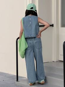 DAZY Tween Girl Sleeveless Round Neck Top And Wide Leg Pocket Jeans Casual Loose Suit - Blue - View 3