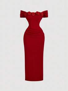 SHEIN MOD Đầm midi ôm sát màu đỏ xếp ly họa tiết hoa 3D dành cho nữ, thích hợp làm đầm dự tiệc cưới mùa thu, đầm dự tiệc năm mới, đầm Valentine. - Đỏ - Xem 3