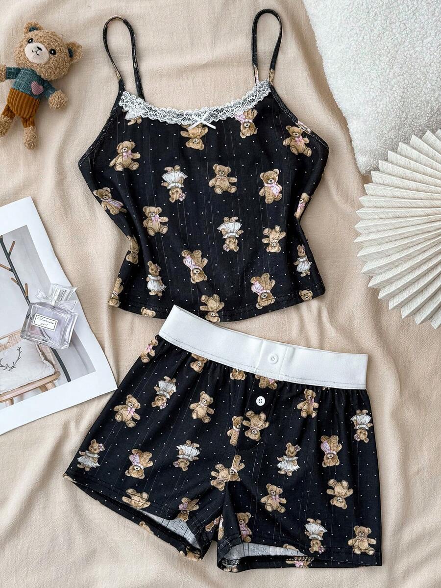 Teen Girls Spring & Summer Valentine's Day, Home, Clean Girl/American BM Style, Lace Trim Bow Bear Pattern Camisole And Shorts Set - Black - View 1