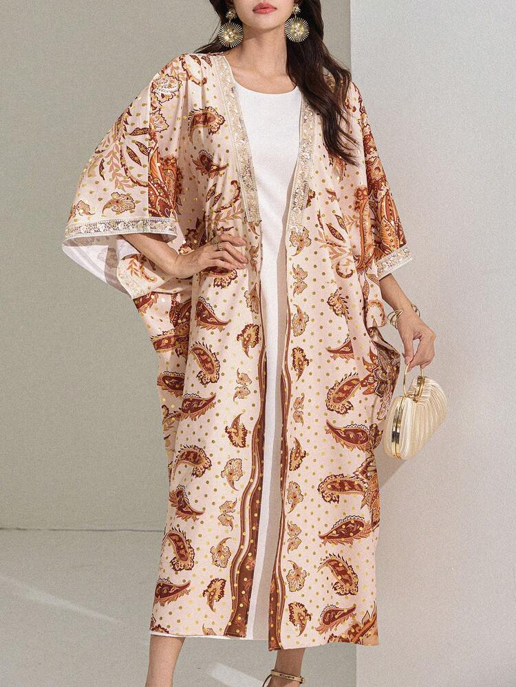 2pcs/Set Women Allover Print Lace Patchwork Jacket And Solid Color Sleeveless Dress