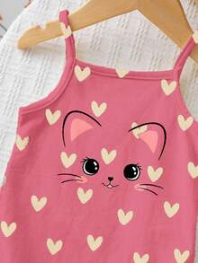 Cute Cat & Heart Pattern Baby Girl Casual Romper, Suitable For Spring/Summer - Multicolor - View 3
