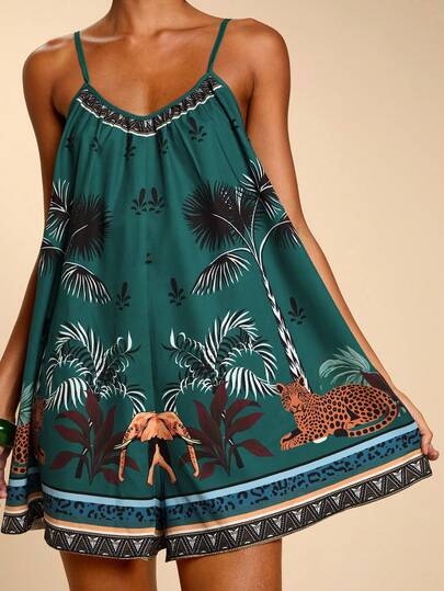 Travachic Women's Summer Casual Vacation Style Animal & Tropical Print Loose Jumpsuit, Spring Break Outfits, Summer Outfits, Valentine's Day, Beach Outfits,Vacation Casual Terno Outfit For Women,Summer Holiday Outfits,Spring Break Outfits,Party Outfit,Beach Outfit,Spring Clothing,Valentine's Day,Valentine Outfits For Women,Carnival Costume,Elegant,Floral Shorts,Carnival Costume,Going Out Top,Party Top