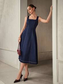 Selenza Women's Casual Washed U-Neck Sleeveless Denim Dress - Dark Wash - View 5