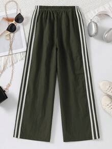 SHEIN 少女条纹松紧腰休闲直筒裤 - 軍綠色 - 查看 2