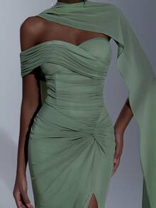 Elitara Đầm dạ hội màu xanh lá cây sang trọng, co giãn, tay bồng, thiết kế xoắn, cổ yếm, xẻ tà, dáng đuôi cá, thích hợp cho đám cưới, sự kiện, tiệc tùng, kỳ nghỉ, dạ hội và các dịp trang trọng. - Cỏ xanh - Xem 3