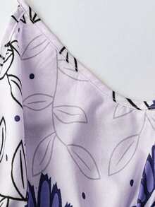 Lalippa 女士吊带系带露背印花褶皱优雅腰部吊带长裙，适合派对穿着 - 紫色 - 查看 3