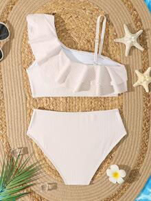 SHEIN Bộ đồ bơi Tankini cho bé gái tuổi teen, áo bơi hai dây kẻ sọc xanh trắng với viền bèo nhún đôi, kết hợp với quần bơi kẻ sọc xanh trắng, thích hợp cho kỳ nghỉ hè, xuân, thu, đi biển, công viên nước, bơi lội - Ngọt ngào, tối giản, phong cách thành thị sành điệu, bộ đồ bơi hai mảnh có bèo nhún cạp cao, bộ bikini kẻ sọc, đồ bơi bikini kín đáo cho bé gái tám tuổi. - Màu vàng - Xem 2