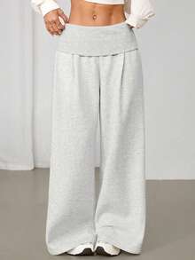 SHEIN PETITE Extreme Wide Leg Fold Over Waist Pants Casual Summer Airport Fall Autumn Winter Christmas Thanksgiving - White - View 4