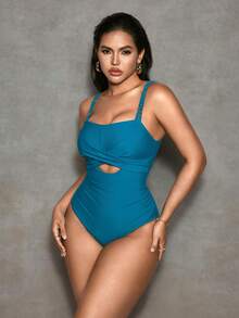 Shapewave 女士性感时尚连体泳衣，带可拆卸胸垫，镂空肩带设计，饰有金色珍珠，肩带可调节，塑身衣 - 水鴨藍 - 查看 4