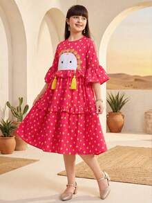 SHEIN Đầm maxi dáng chữ A tay phồng phối màu họa tiết hoa retro cho bé gái tuổi teen - Hồng - Xem 5