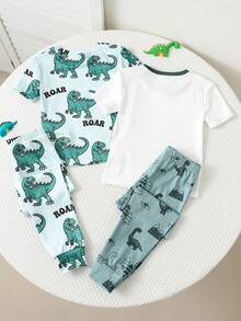 SHEIN 4pcs/Set Young Boy Dinosaur & Space Graphic Casual Minimalist Snug Fit Short Sleeve Top And Pants Pajama Set, Suitable For All Seasons,Toddler Boy Clothes,Toddler Night Wear Kids Boy Pjs Set Boy Pajamas Set Sleep Wear Set - Green - View 2