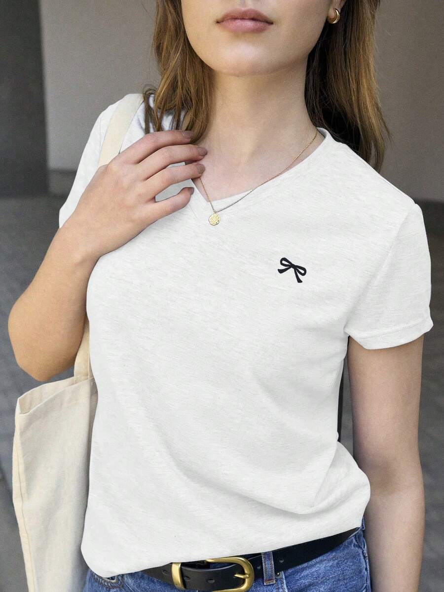 Jouncy Women's Bow Print V-Neck Short Sleeve Casual Versatile T-Shirt - White - View 1