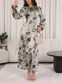 Veilorie 女士印花系领喇叭袖优雅阿拉伯风格连衣裙 - 彩色 - 查看 2