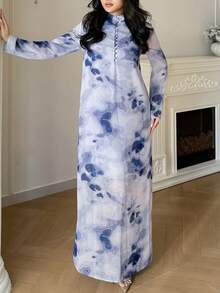 Yasmyna 女士印花立领优雅长袖土耳其长袍和阿拉伯传统罩袍 - 彩色 - 查看 5