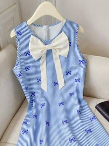 GlowEve 条纹印花蝴蝶结撞色领无袖A字腰线女式连衣裙 - 藍色 - 查看 5