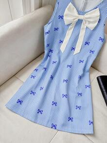 GlowEve 条纹印花蝴蝶结撞色领无袖A字腰线女式连衣裙 - 藍色 - 查看 7