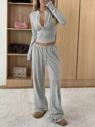 SHEIN EZwear Women's Light Gray Fitted Jacket And Pants Casual Suit Set, Spring/Summer, Spring Outfit Two Piece Women Comfy Lounge Grey Comfortable