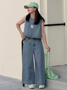 DAZY Tween Girl Sleeveless Round Neck Top And Wide Leg Pocket Jeans Casual Loose Suit - Blue - View 4
