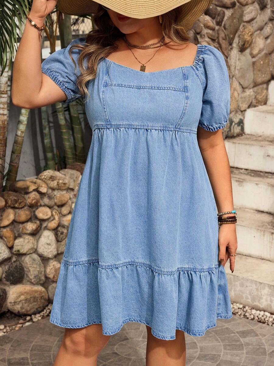 EMERY ROSE Vestido de mezclilla vintage lavado para mujer de talla grande, primavera/verano - Azul lavado medio - Ver 1