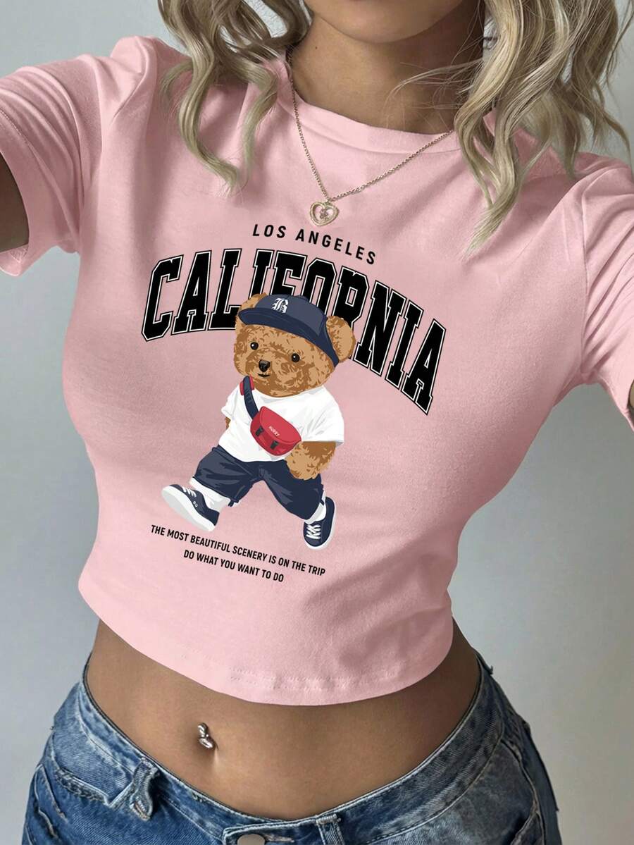 SHEIN EZwear 休闲简约小熊图案圆领短袖修身露脐女式T恤，适合夏季穿着 - 粉色 - 查看 1