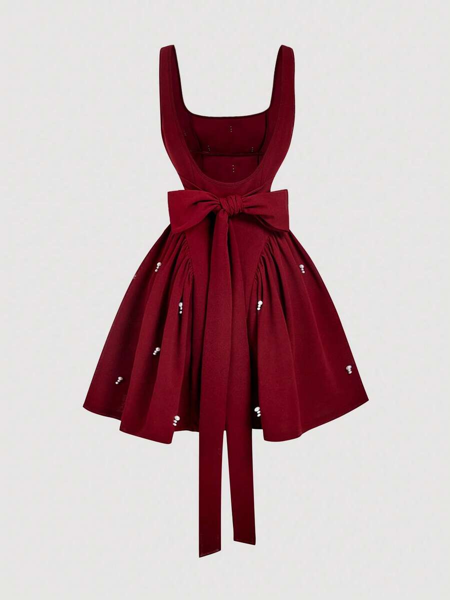 SHEIN MOD 女士复古丝绒红色连衣裙，派对礼服，情人节礼服 - 酒紅色 - 查看 1