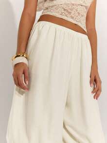 SHEIN BAE 女士纯色弹力腰荷叶边七分裤 - 杏色 - 查看 8