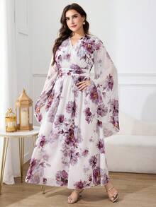 Modelyn Plus Size Women Floral Print Flare Sleeve Elegant Dress - Red Violet - View 4