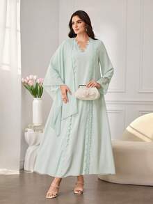 Al Najma 女士优雅浪漫精致蕾丝V领刺绣阿拉伯传统长裙套装 - 綠色 - 查看 4