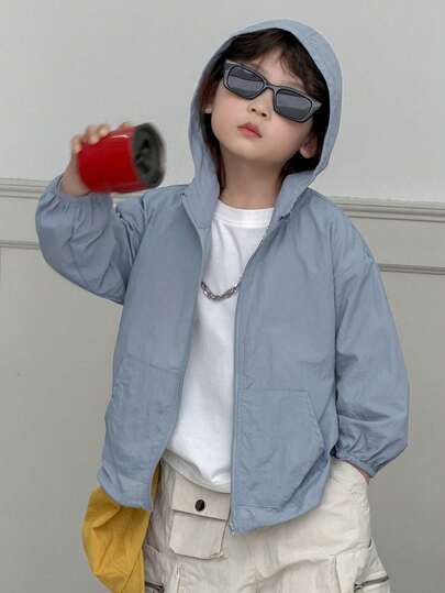 DAZY Young Boy Casual Fashion Street Daily Commute Simple Solid Color Zip-Up Hooded Jacket, Suitable For Spring & Autumn