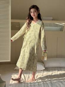 DAZY Tween Girls Botanical Print Wrap Nightgown Loungewear - Green - View 3