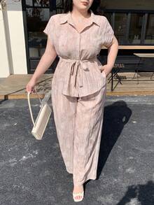 Dazy Plus Elegante conjunto de 2 piezas: Camisa holgada con cuello vuelto bordado de encaje y pantalones de pierna ancha, de moda para primavera/verano - Rosa - Ver 5