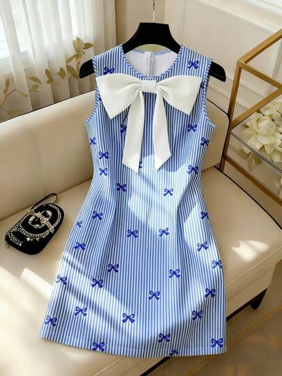 GlowEve 条纹印花蝴蝶结撞色领无袖A字腰线女式连衣裙