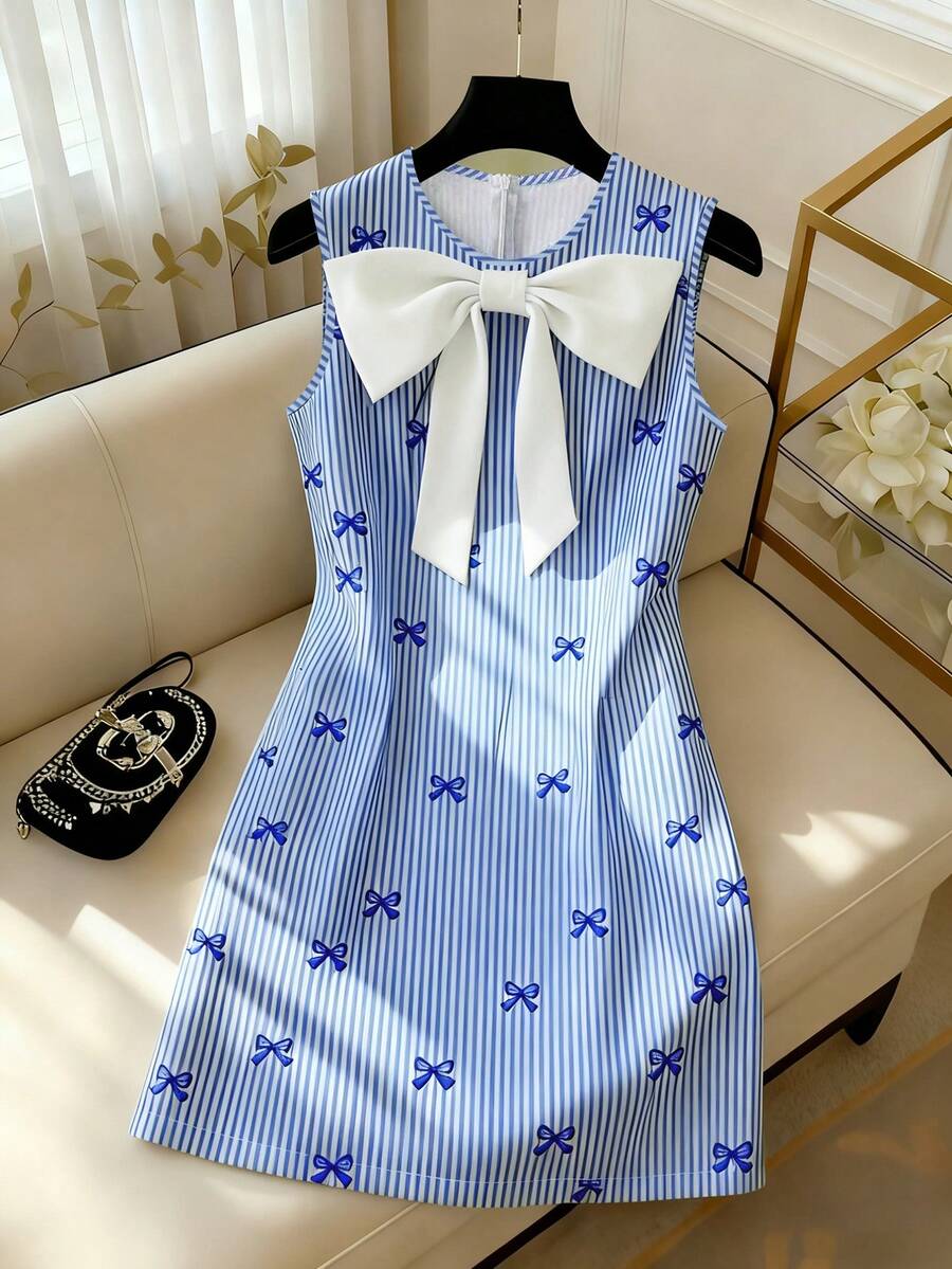 GlowEve 条纹印花蝴蝶结撞色领无袖A字腰线女式连衣裙 - 藍色 - 查看 1